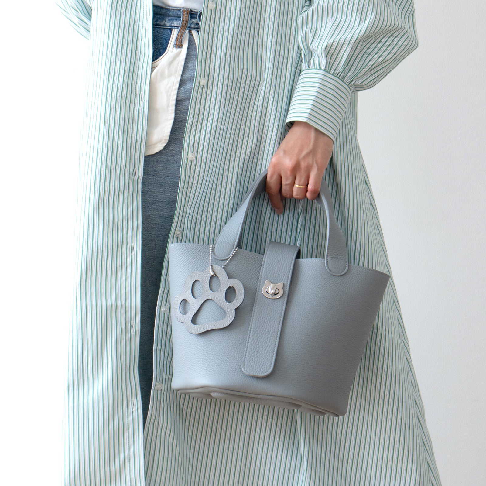 Limited Quantity: PAW Baguette Bag with Paw Print Charm in Taurillon Clemence/Ice Grey