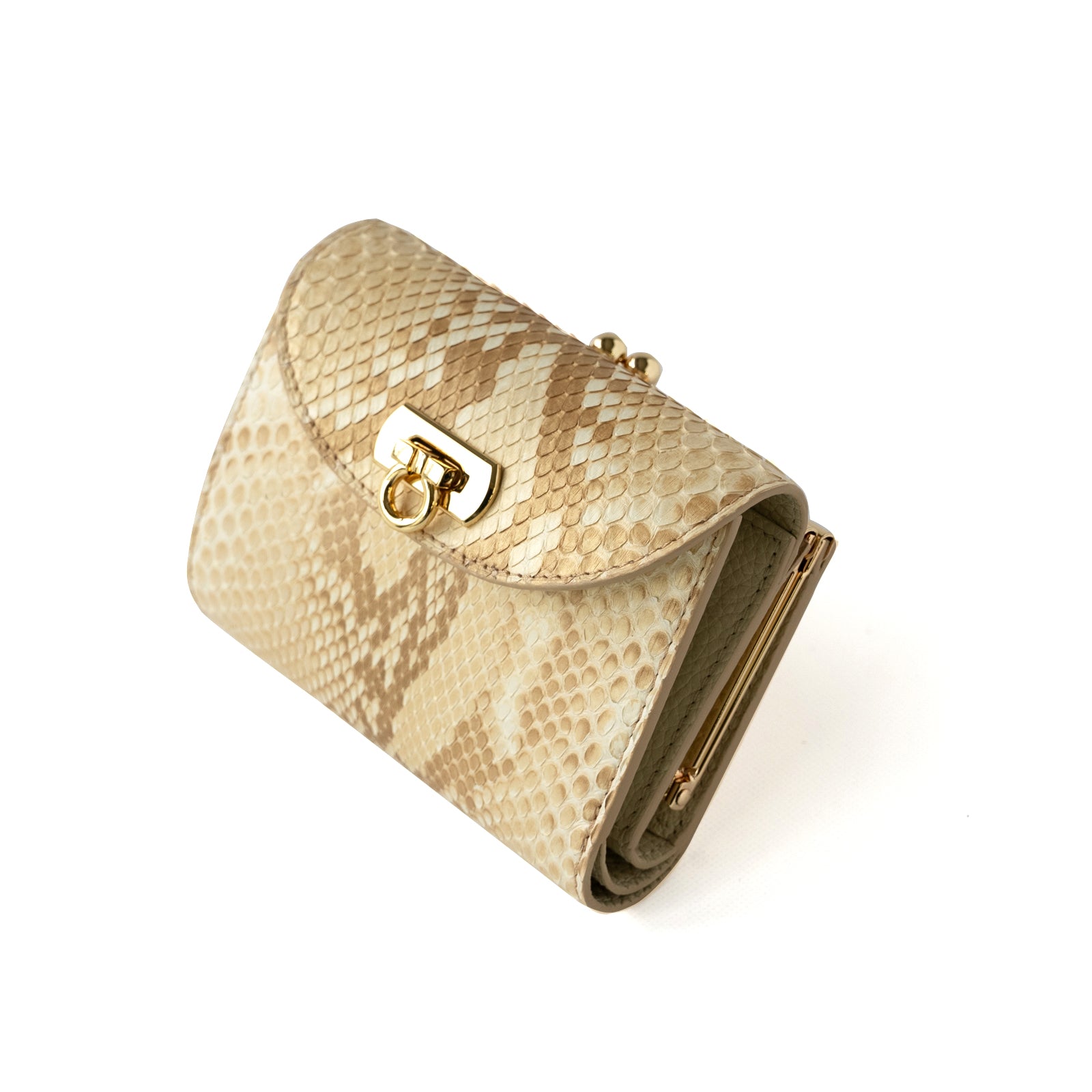 【おつとめ品セール】がま口ミドルウォレット・アンティーヌ ゴールドパイソン / パールゴールド
