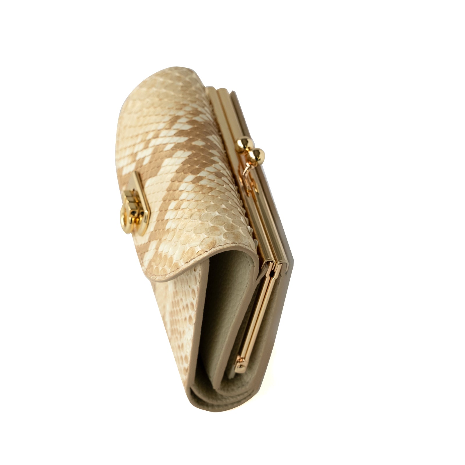 【おつとめ品セール】がま口ミドルウォレット・アンティーヌ ゴールドパイソン / パールゴールド