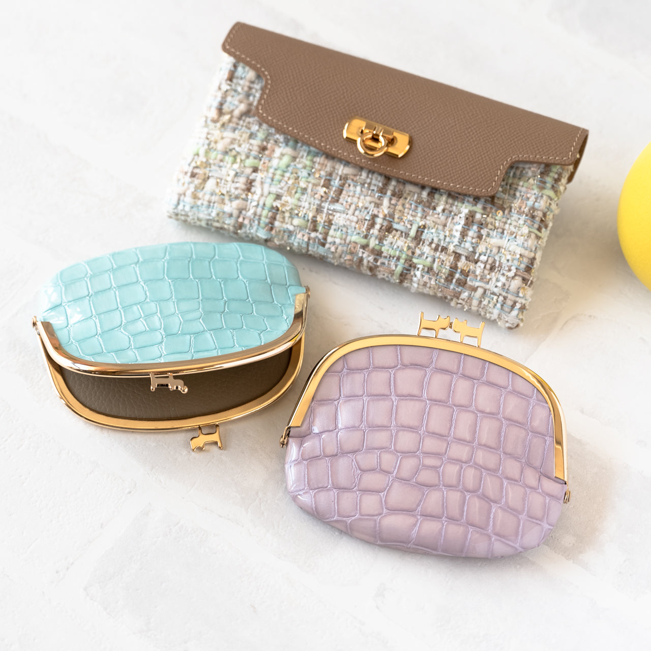 Soft leather flap long wallet tweed duo