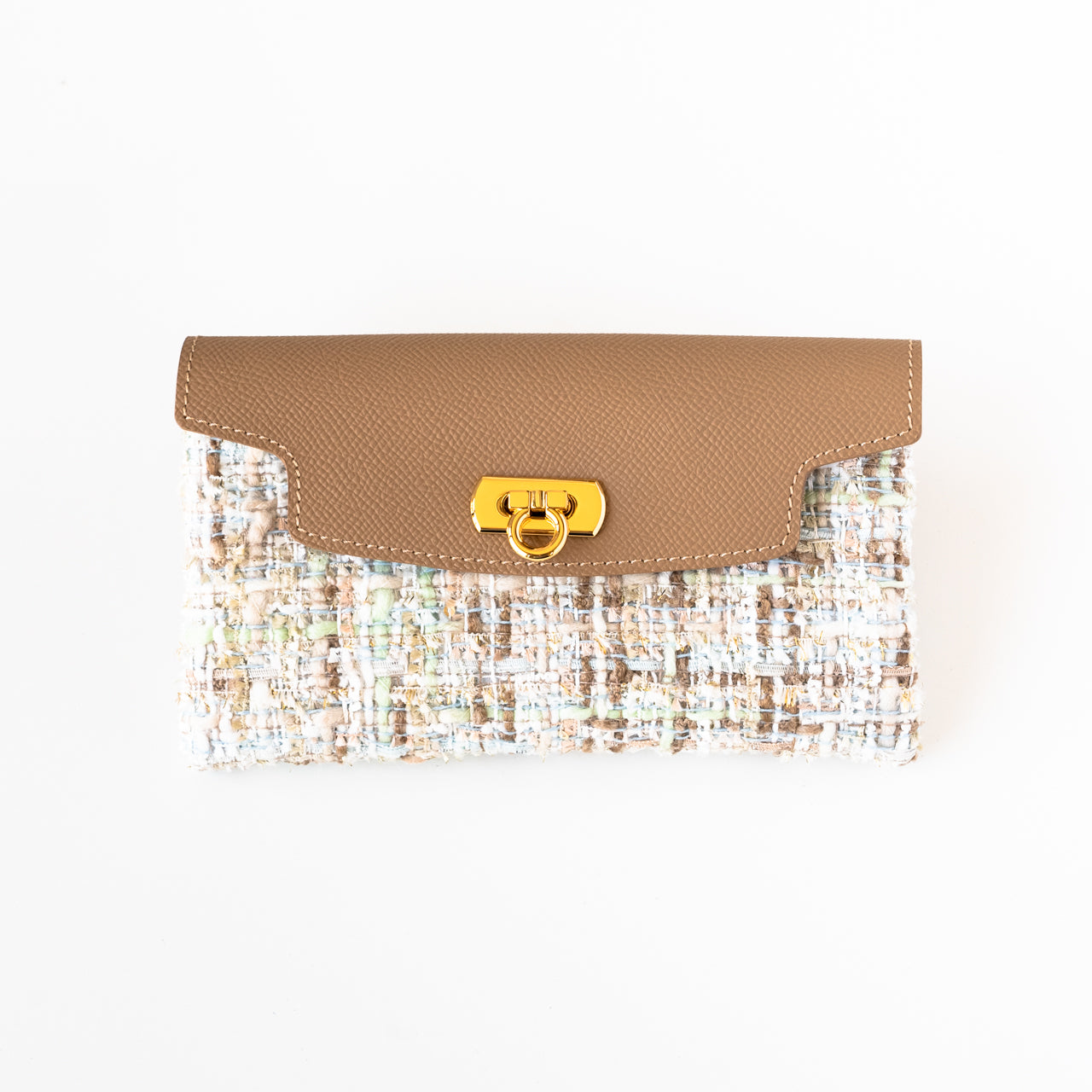 Soft leather flap long wallet tweed duo