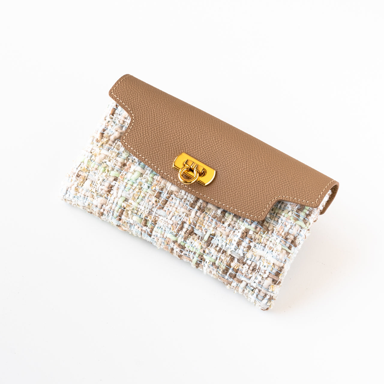 Soft leather flap long wallet tweed duo