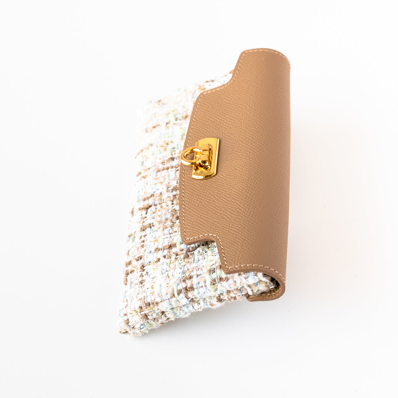 Soft leather flap long wallet tweed duo
