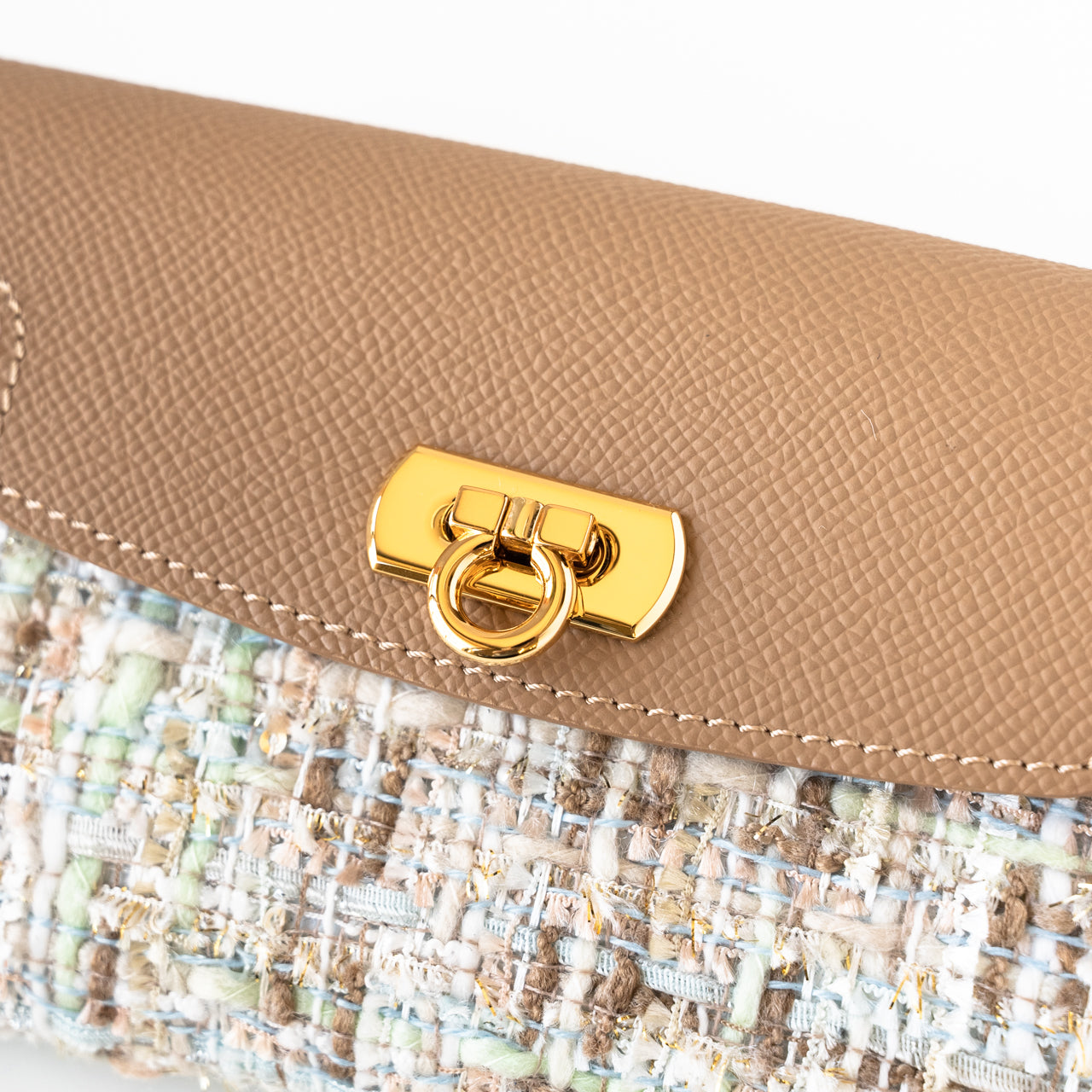 Soft leather flap long wallet tweed duo