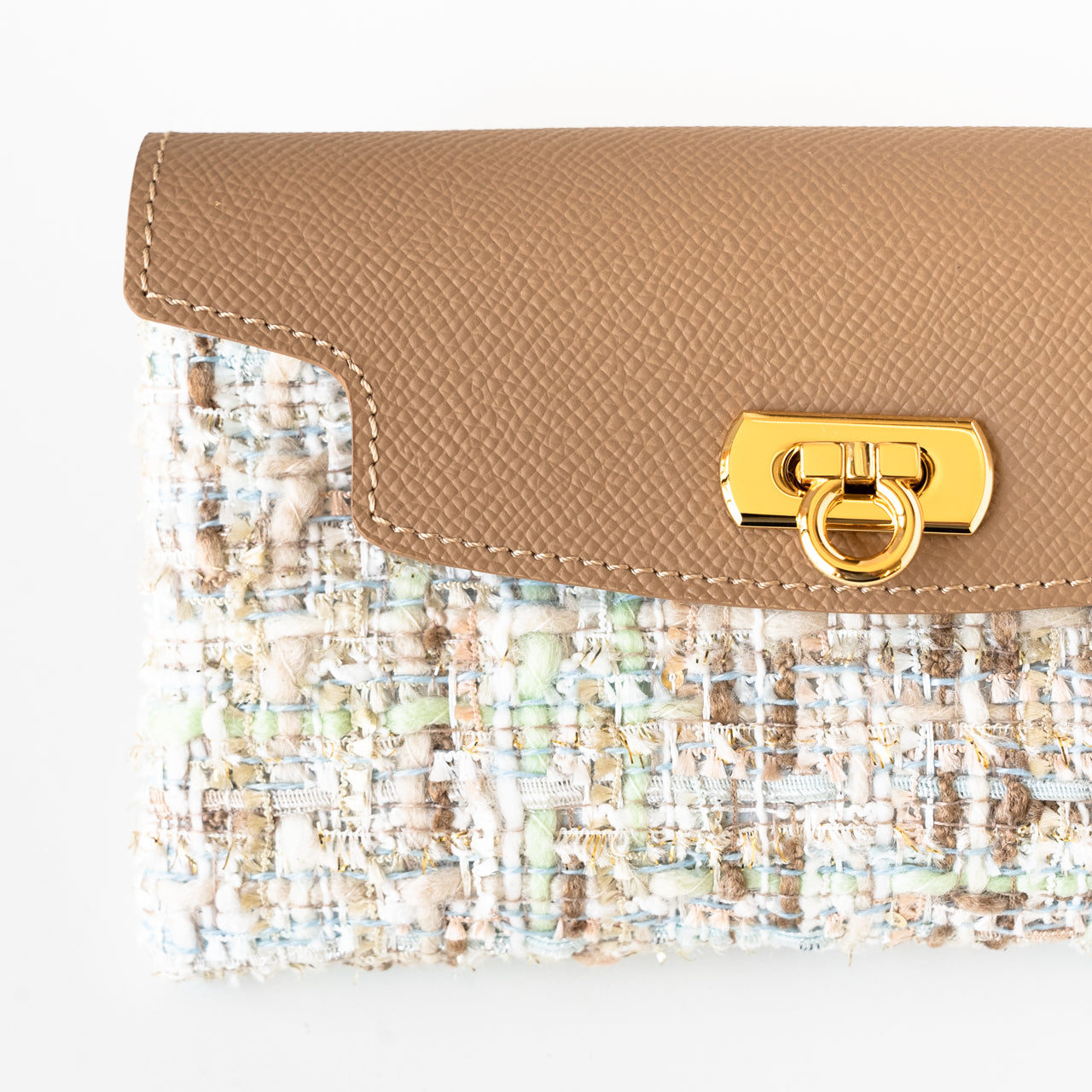 Soft leather flap long wallet tweed duo
