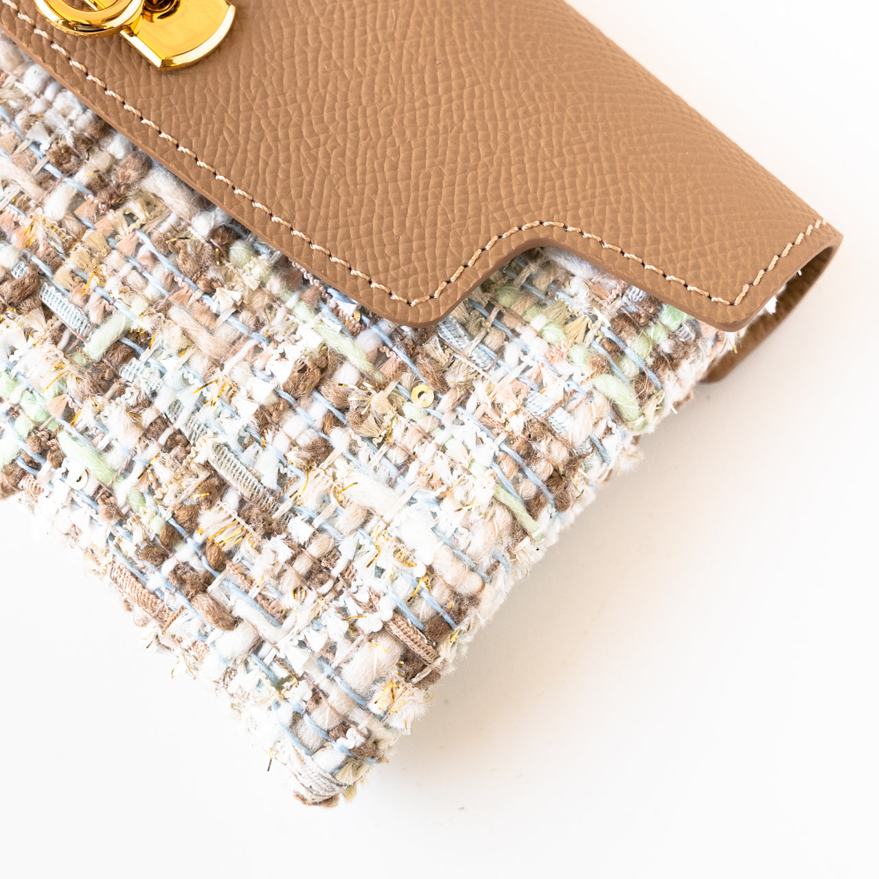 Soft leather flap long wallet tweed duo