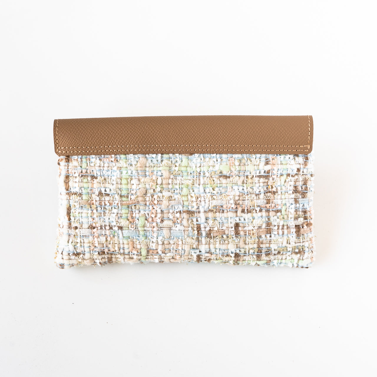 Soft leather flap long wallet tweed duo