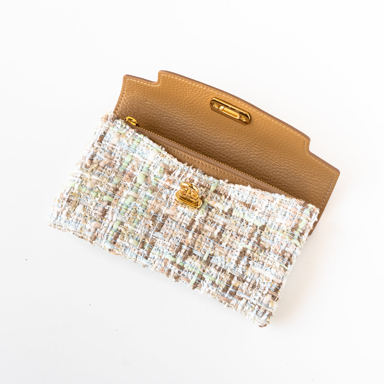 Soft leather flap long wallet tweed duo