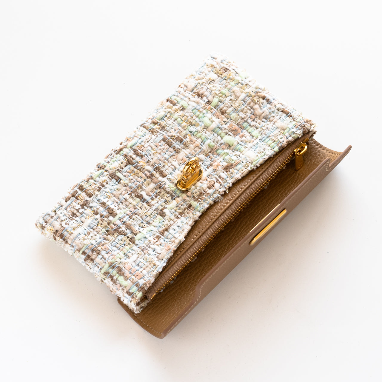 Soft leather flap long wallet tweed duo