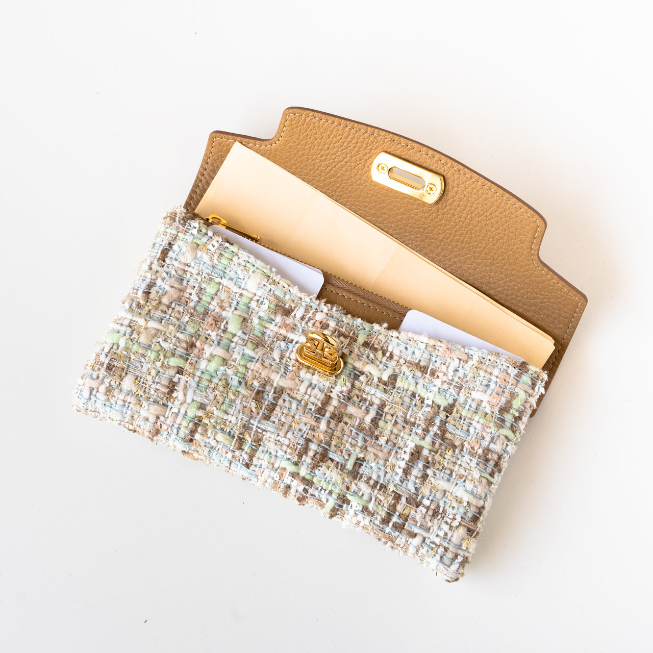 Soft leather flap long wallet tweed duo