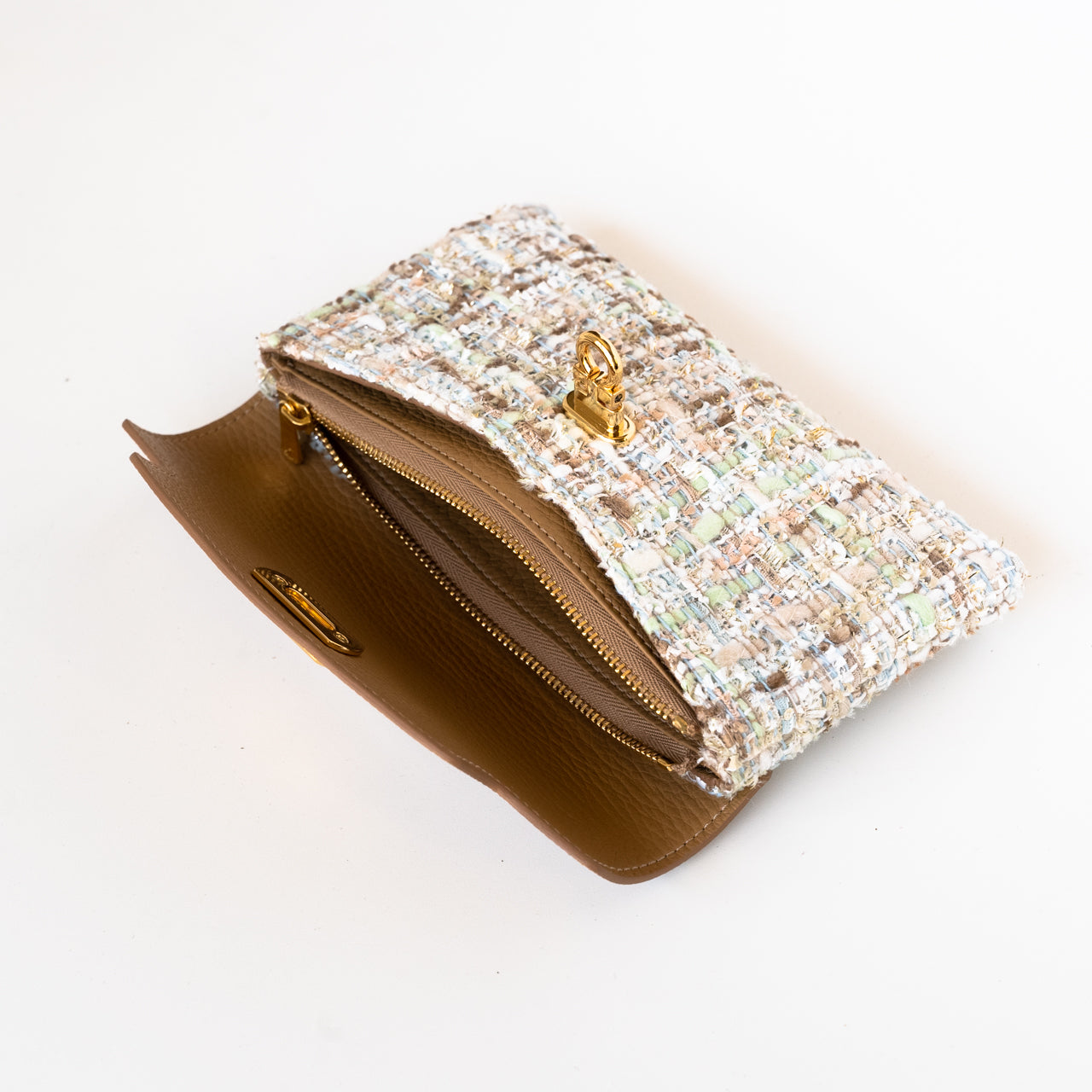 Soft leather flap long wallet tweed duo