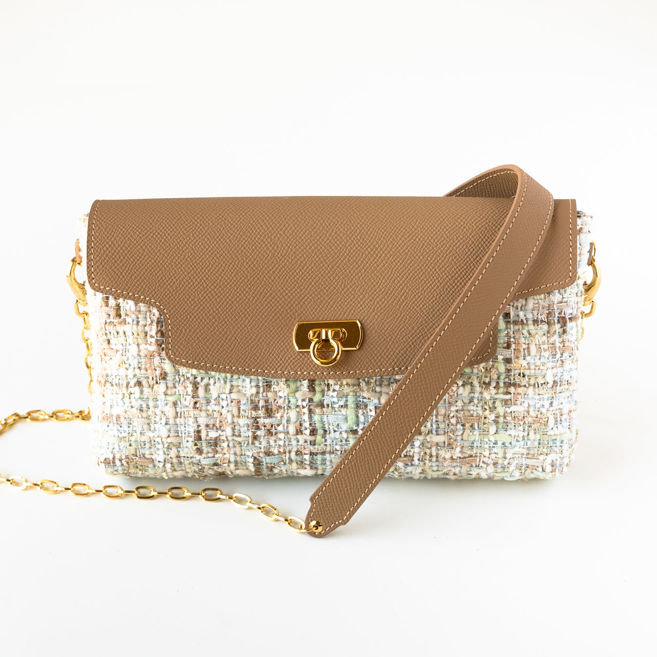Soft leather flap pochette tweed duo