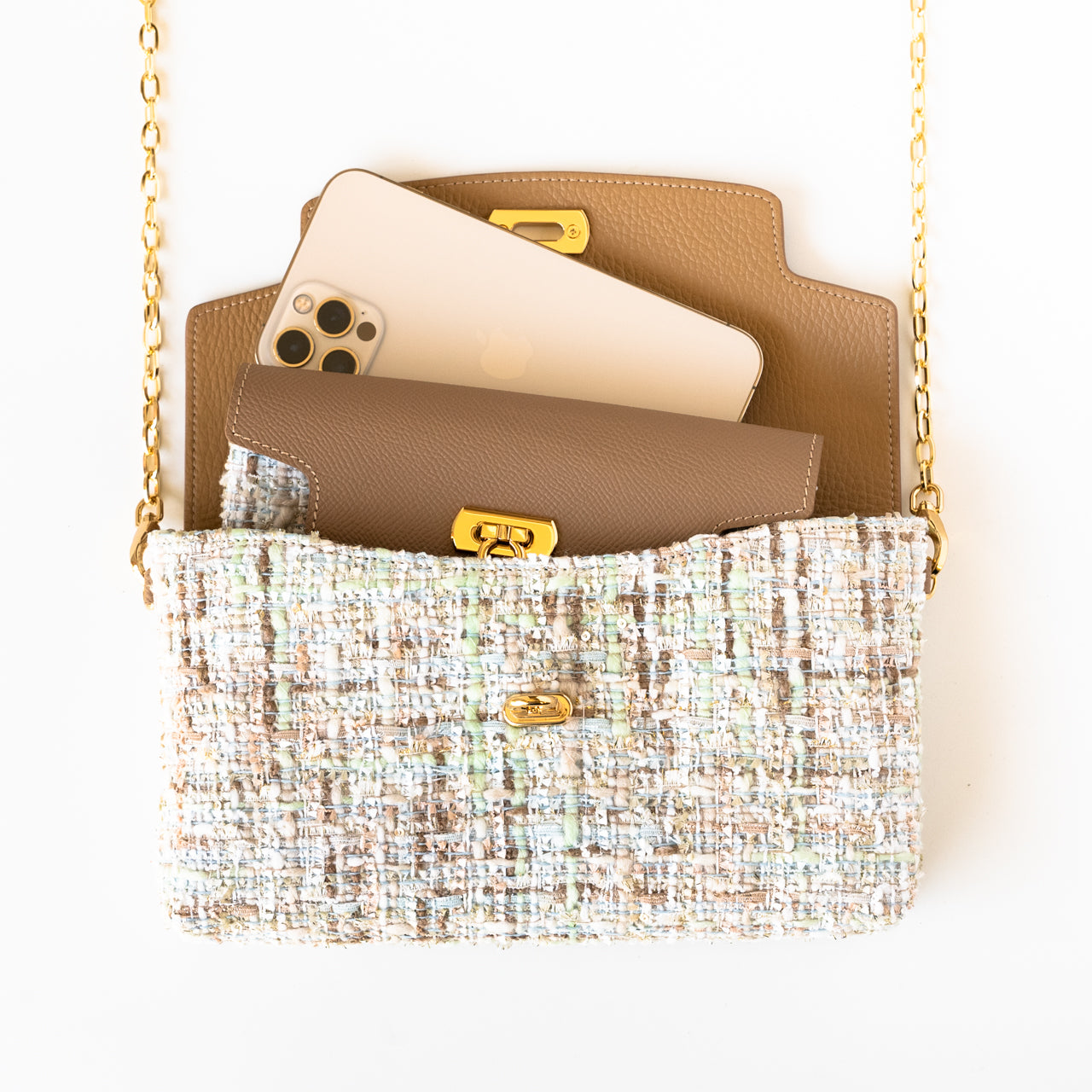 Soft leather flap pochette tweed duo