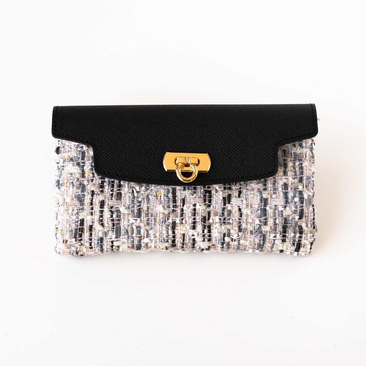 Soft leather flap long wallet tweed duo