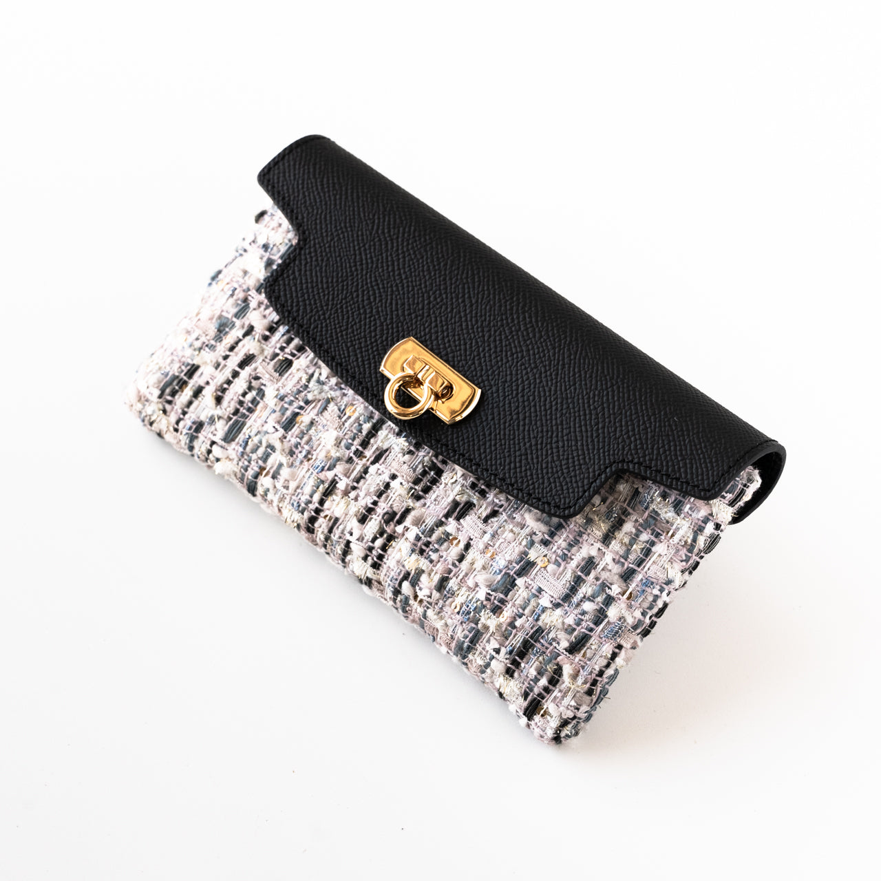 Soft leather flap long wallet tweed duo
