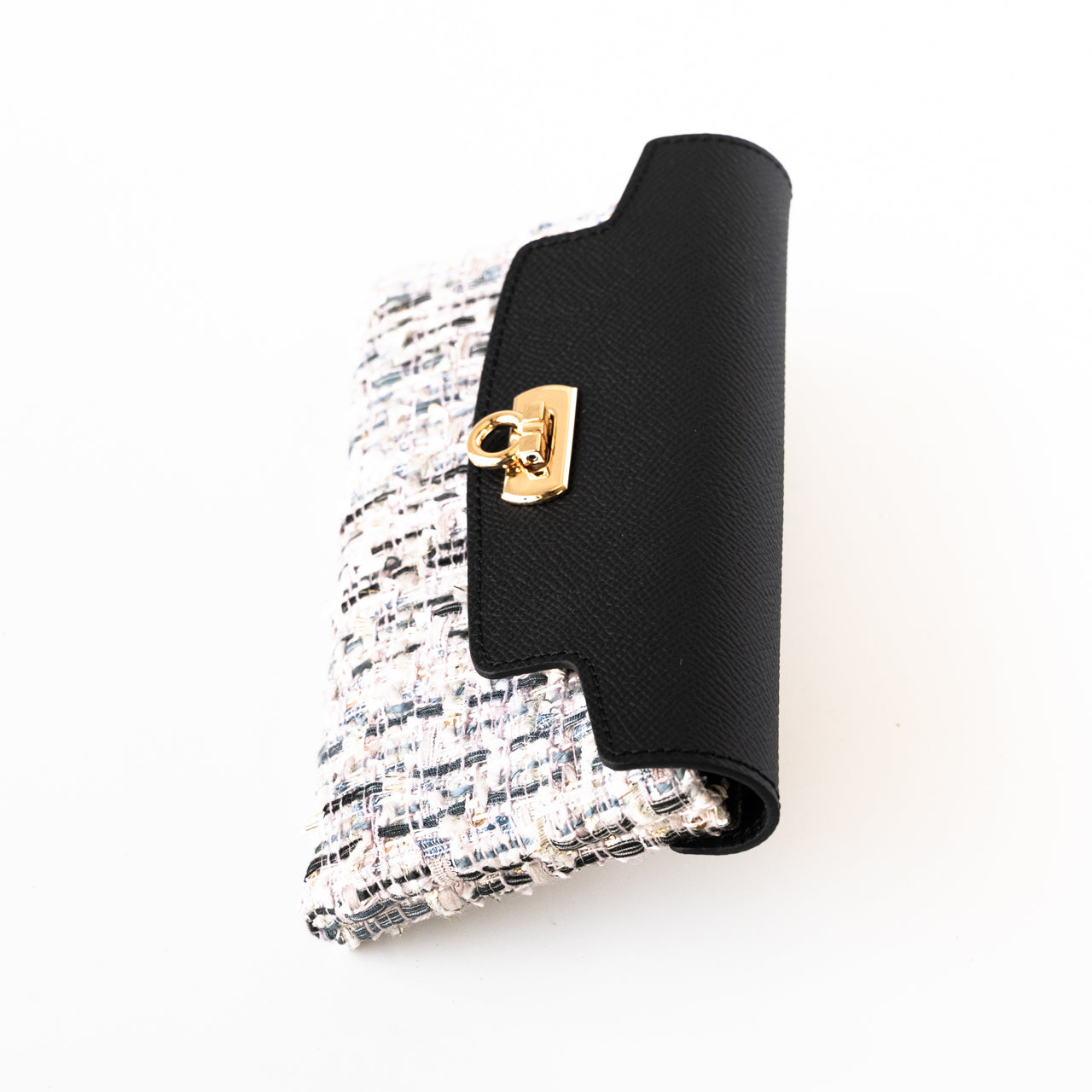 Soft leather flap long wallet tweed duo