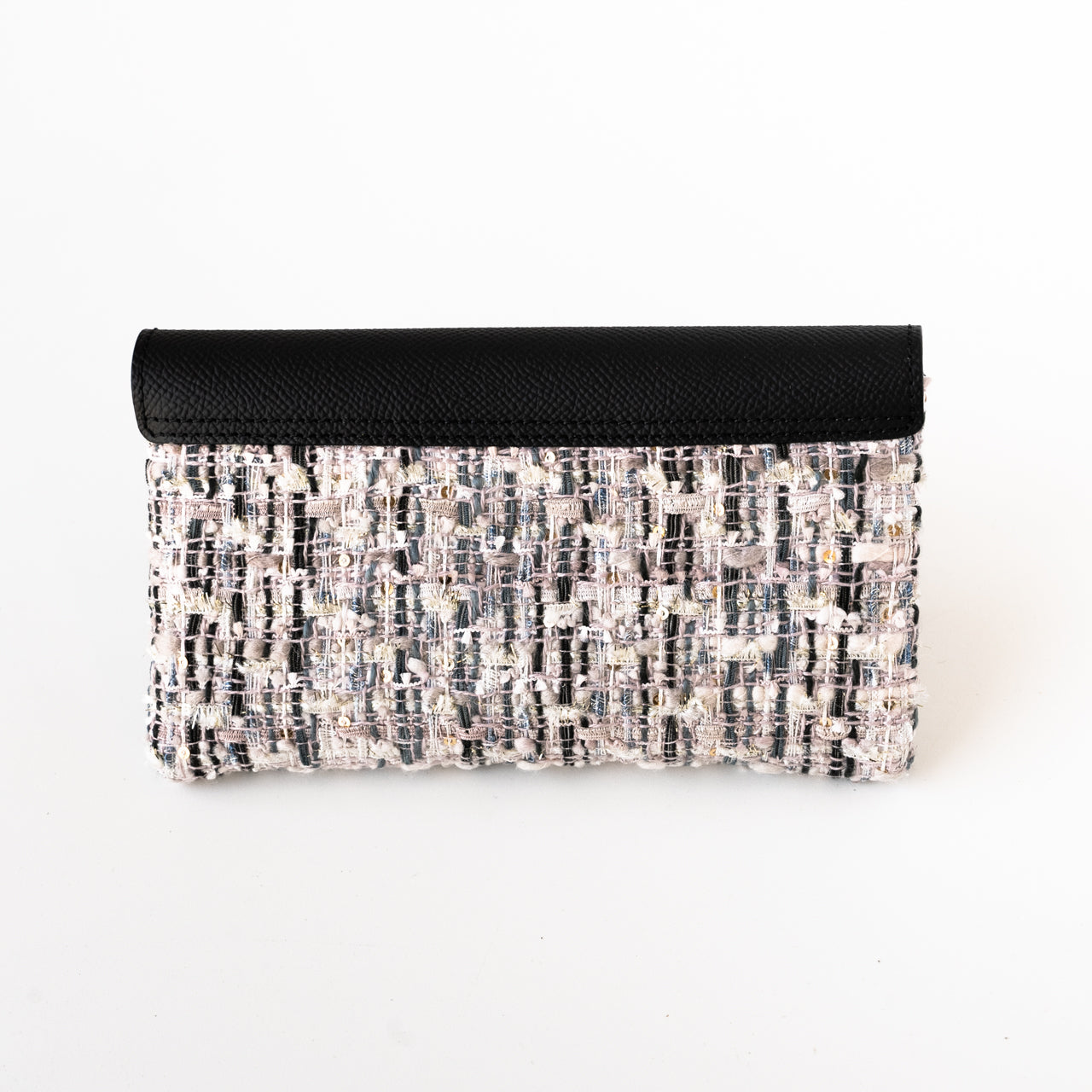 Soft leather flap long wallet tweed duo