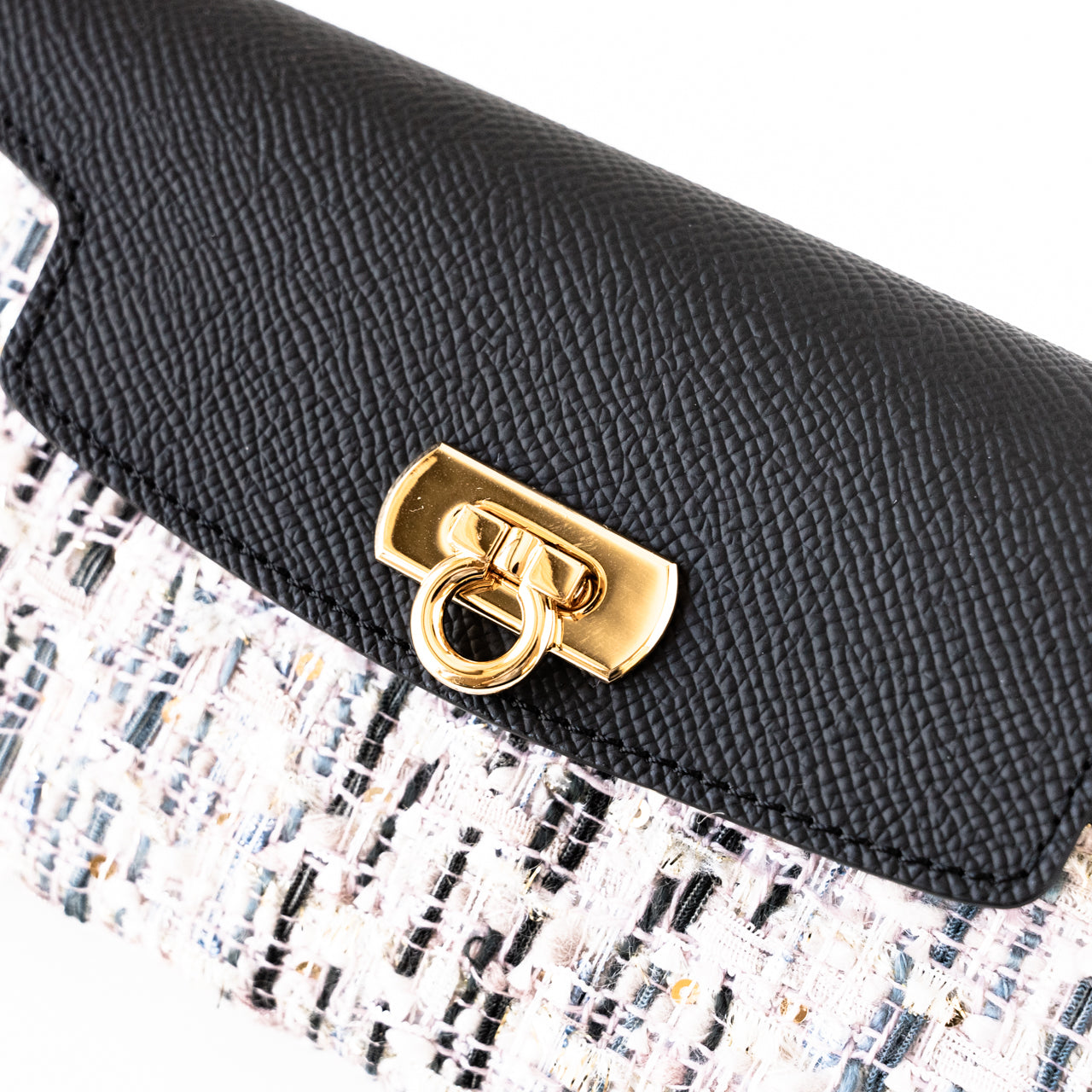 Soft leather flap long wallet tweed duo