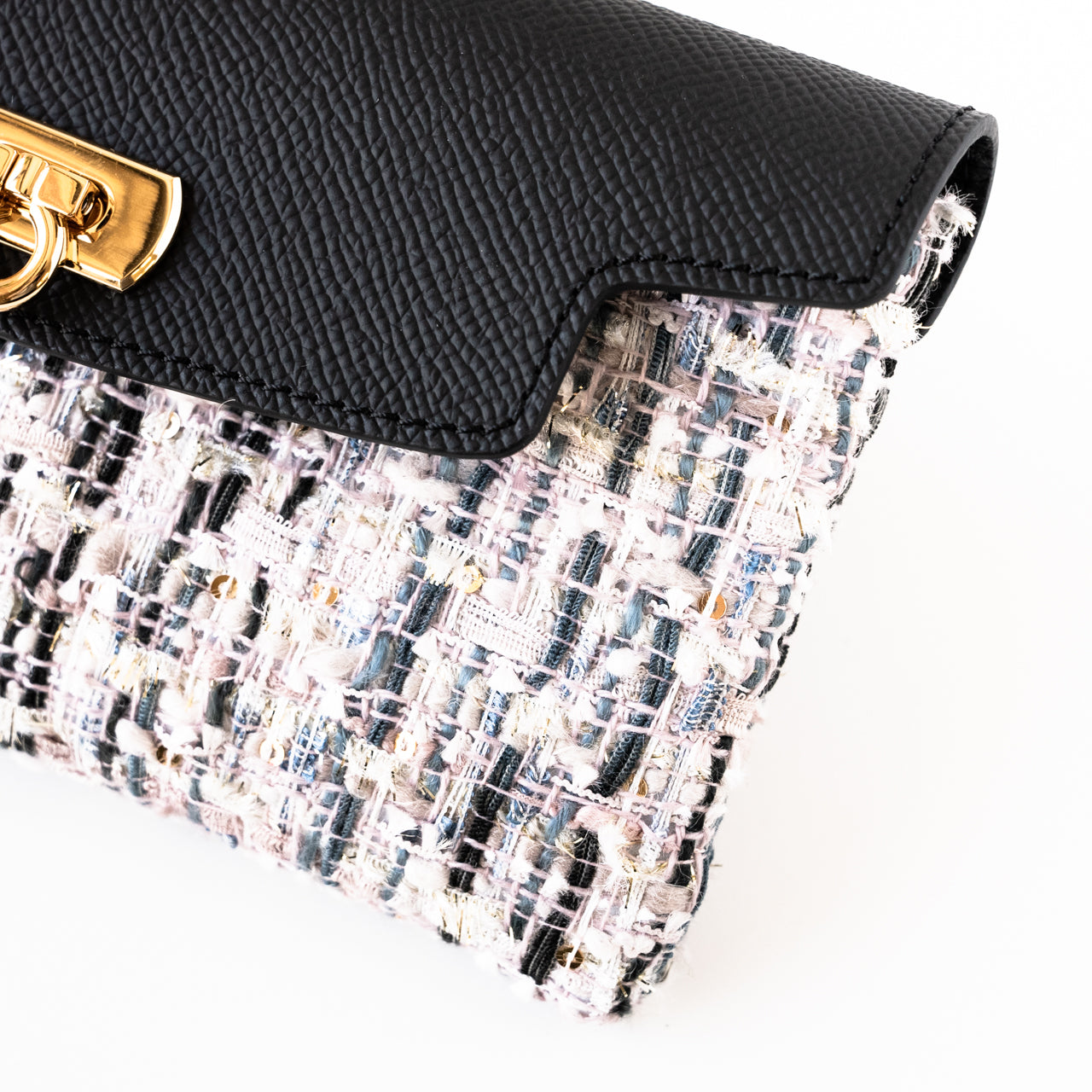 Soft leather flap long wallet tweed duo