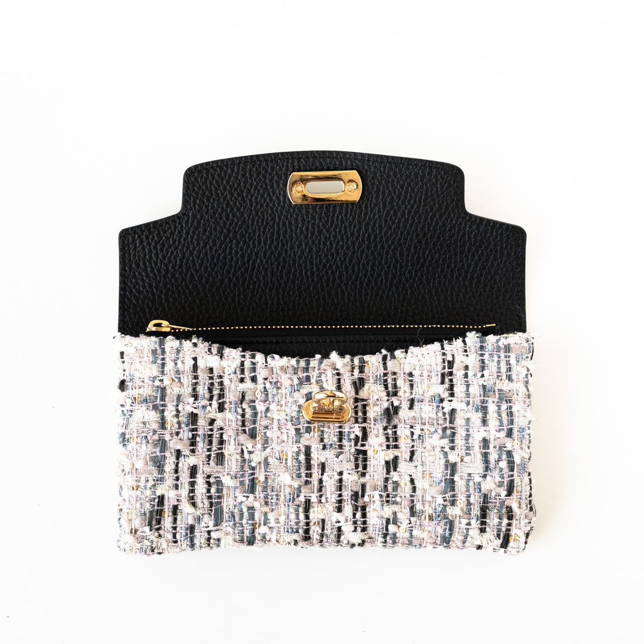 Soft leather flap long wallet tweed duo