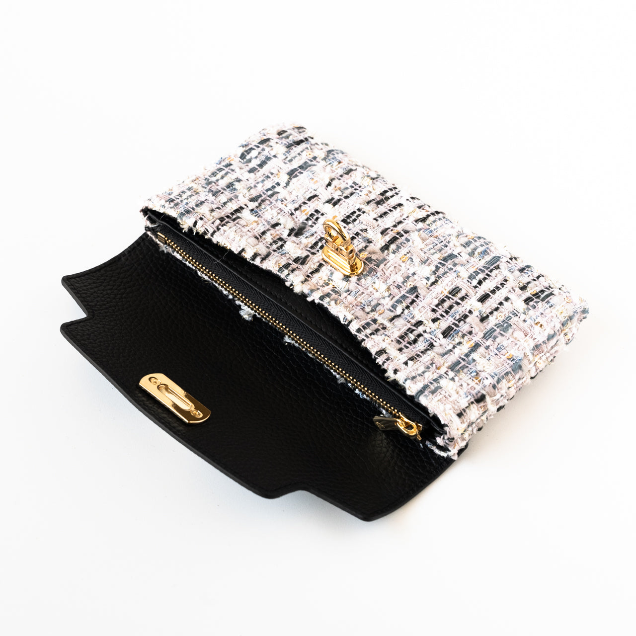 Soft leather flap long wallet tweed duo