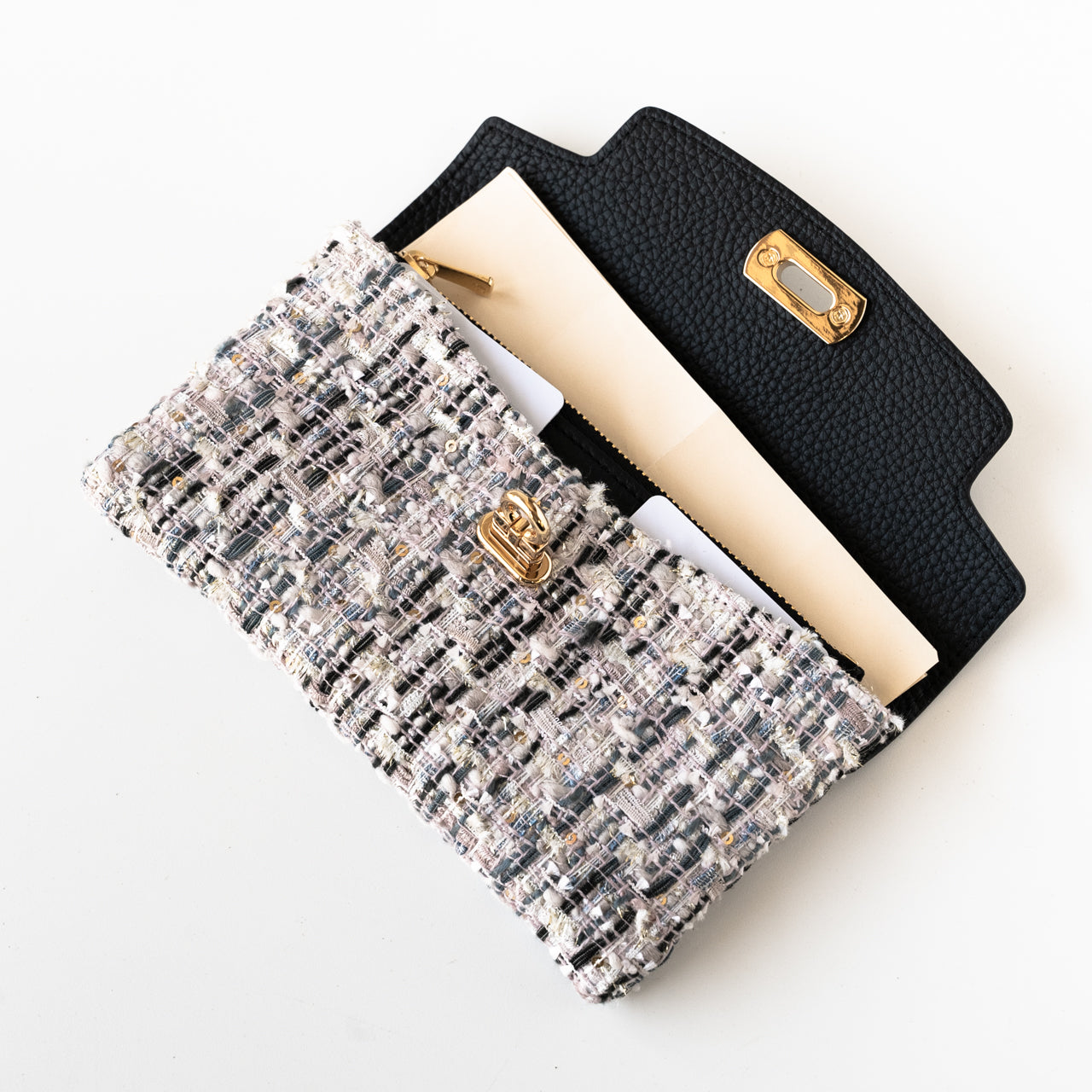 Soft leather flap long wallet tweed duo