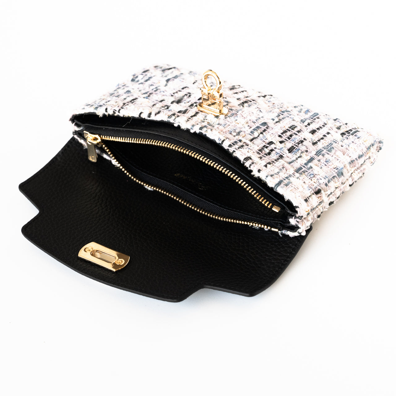 Soft leather flap long wallet tweed duo