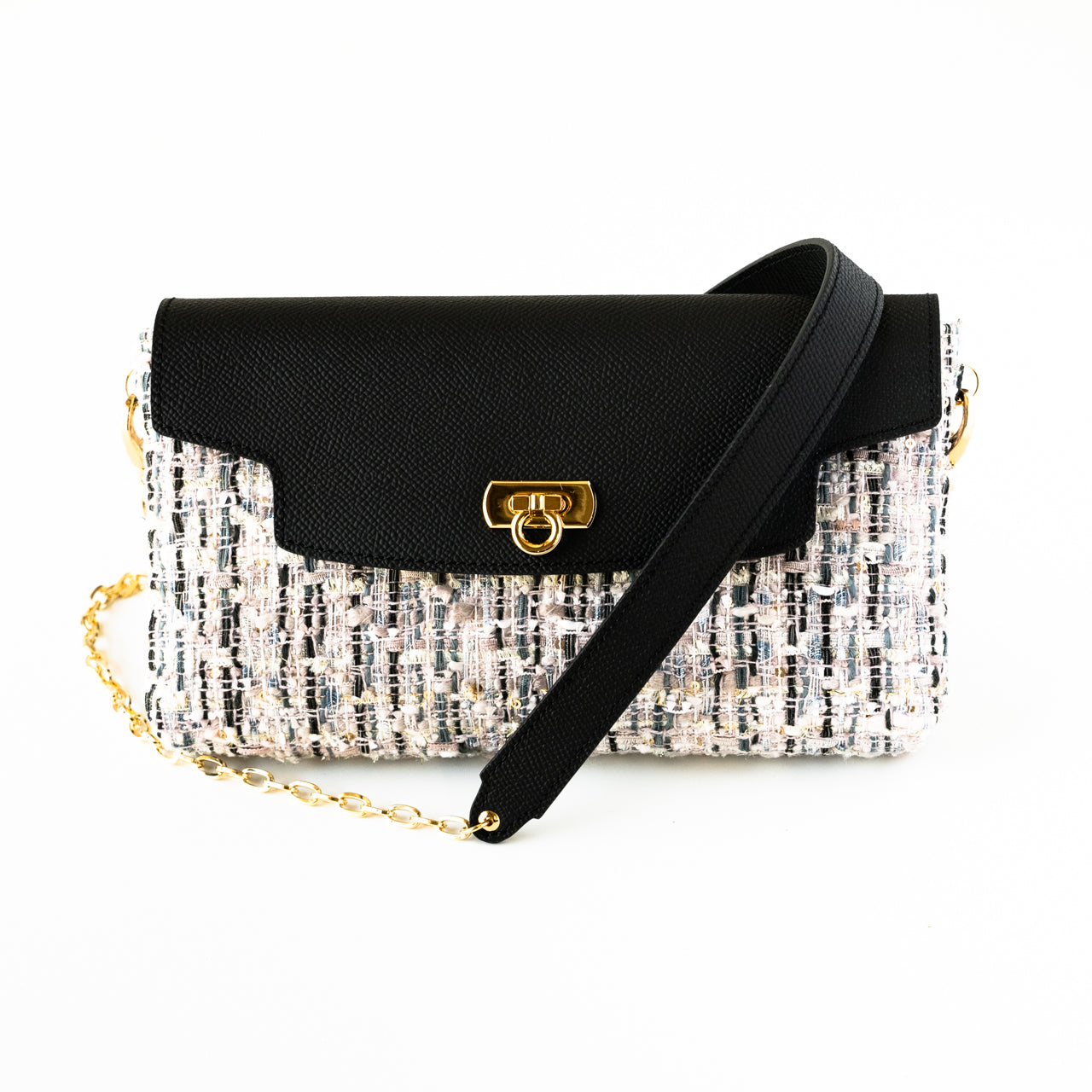 Soft leather flap pochette tweed duo