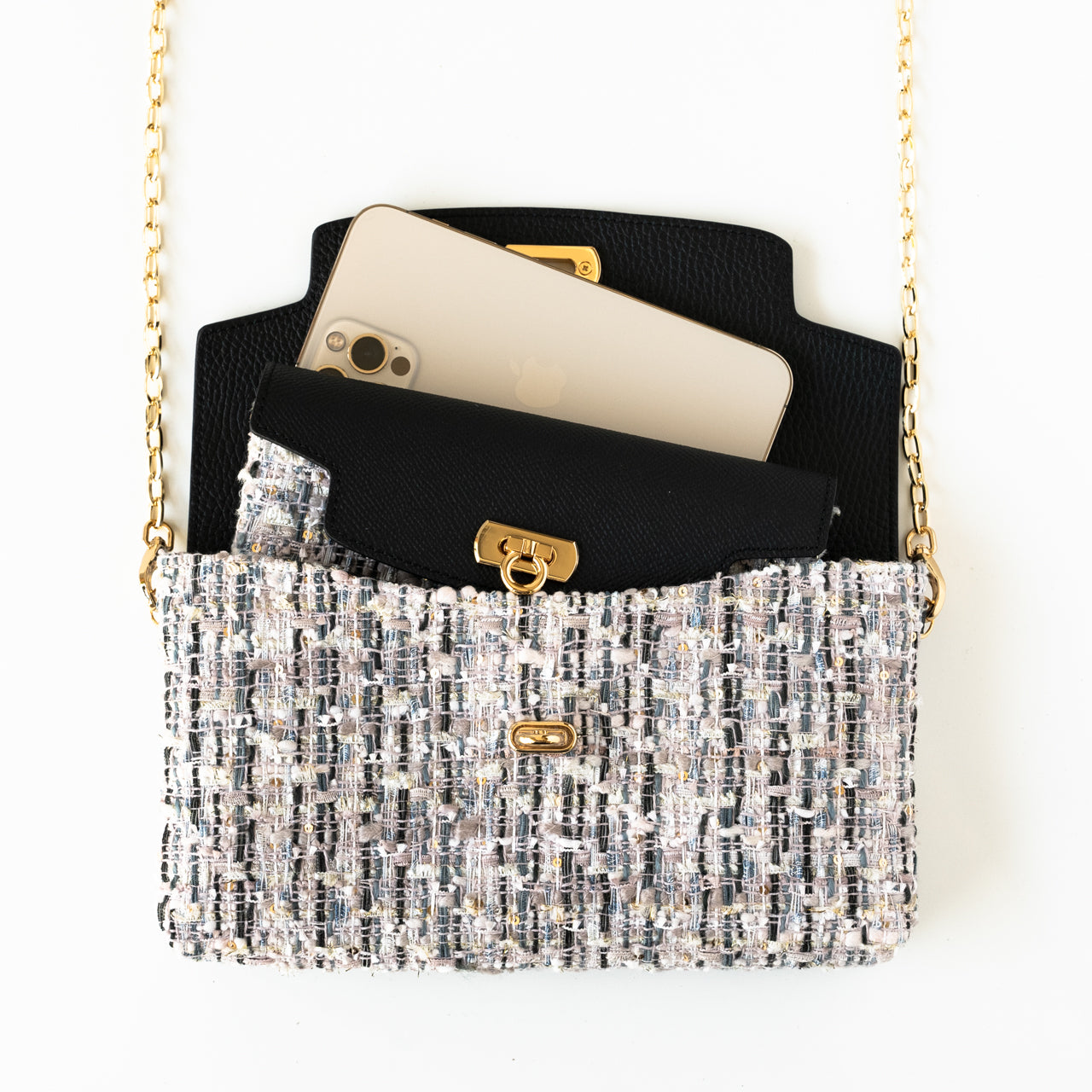 Soft leather flap pochette tweed duo