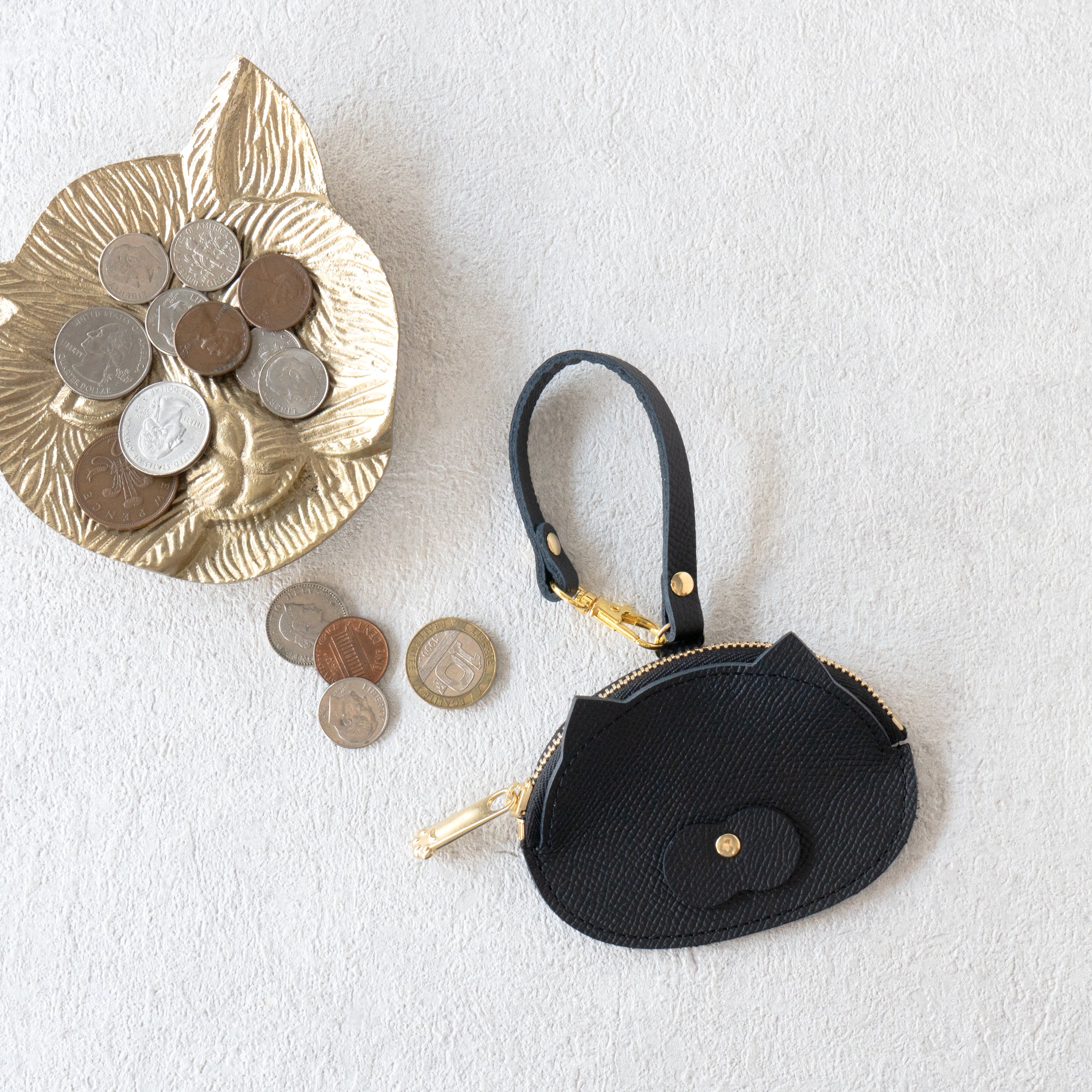 Meow Face Coin Case Cuir Minerva / Black