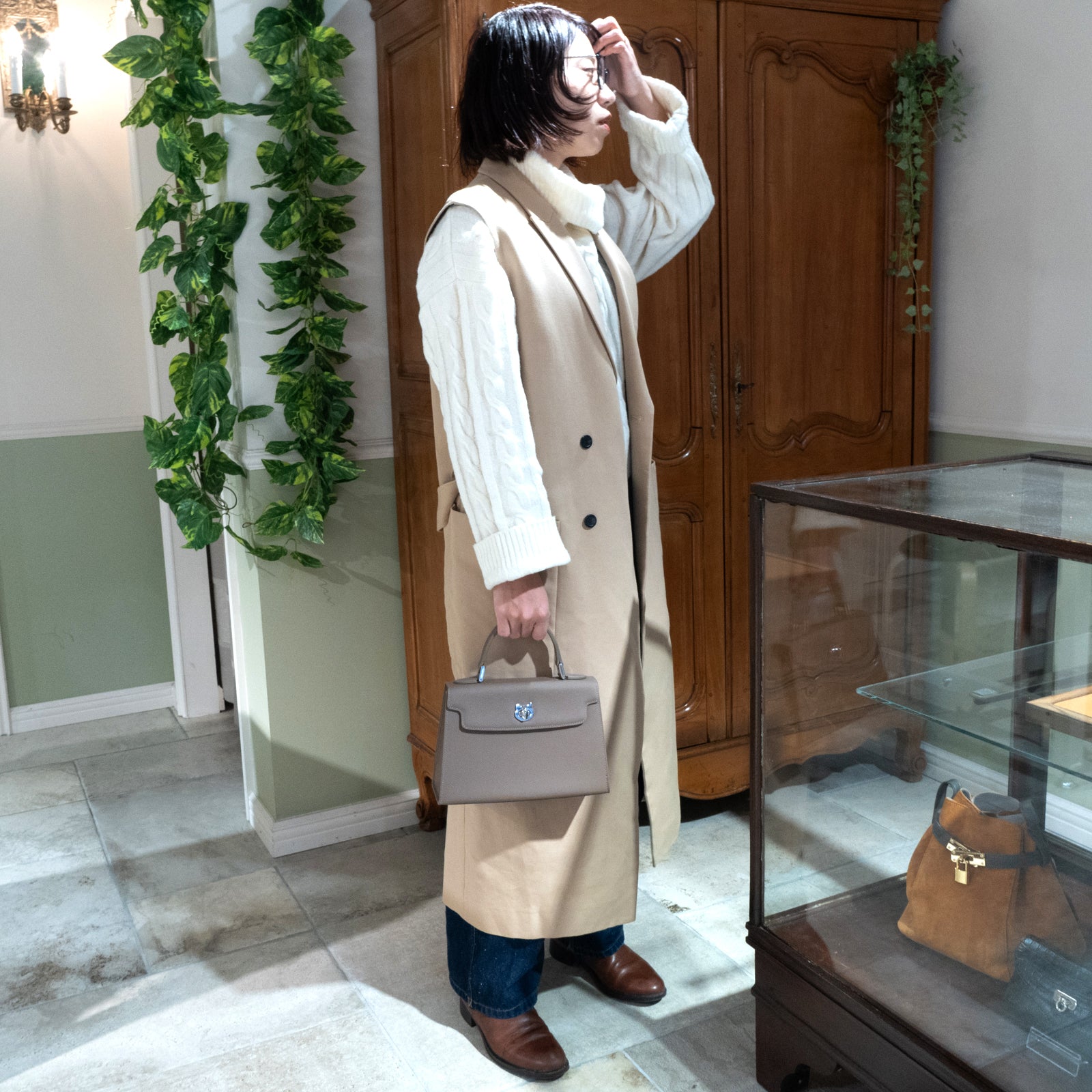 Handbag Nyanpanera 25 Cuir Minerva / Etoupe