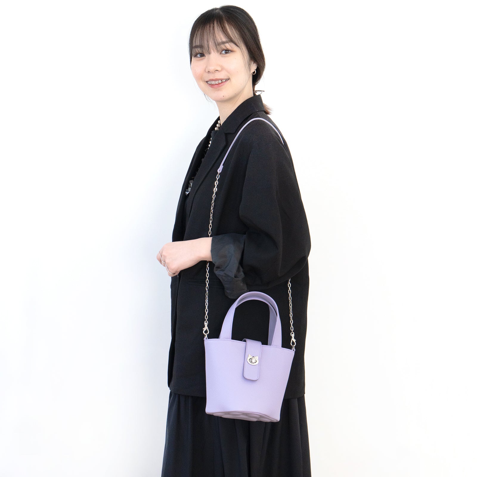 【3/20(金)20:00~ 数量限定】【さくらねこの日特別SET】チェーンショルダー付きミニバッグ・PAW (パウ) さくらねこチャームSET / ラベンダー