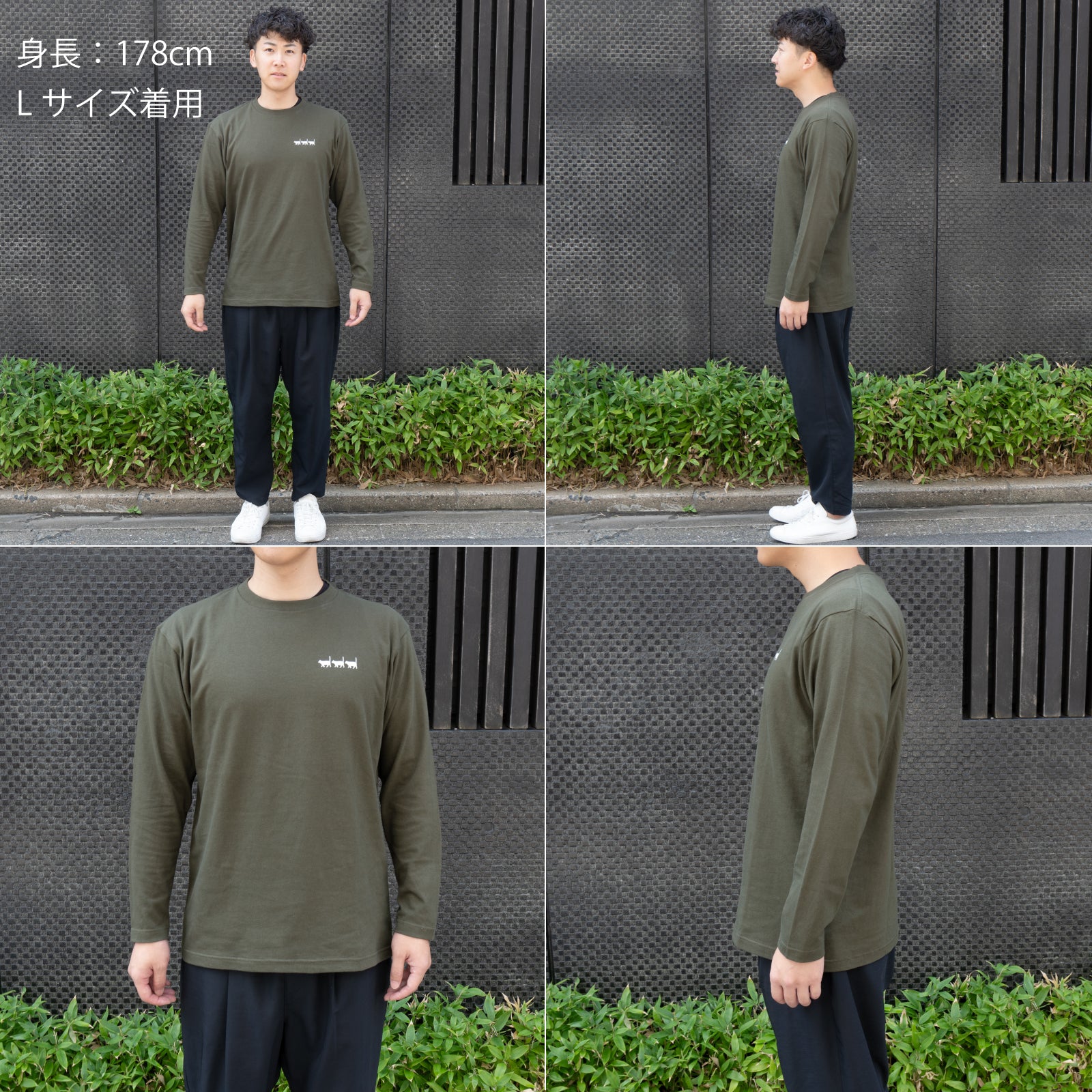 猫プリント グレー 長袖Tシャツ 猫プリントロングTシャツ [黒猫の行進] / ヘザーグレー
