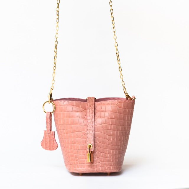 [6th Anniversary Sale] [Special Offer] Crochet Shoulder Bag Crocodile/Pink Beige x Cuir Mache/Sakura Pink, Gold Hardware
