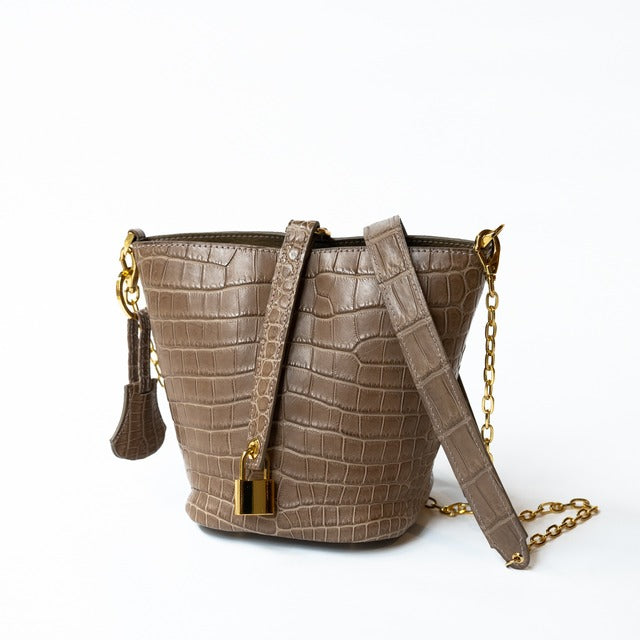 [6th Anniversary Sale] Crochet Shoulder Bag Crocodile/Oak x Cuir Mache/Taupe with Gold Hardware