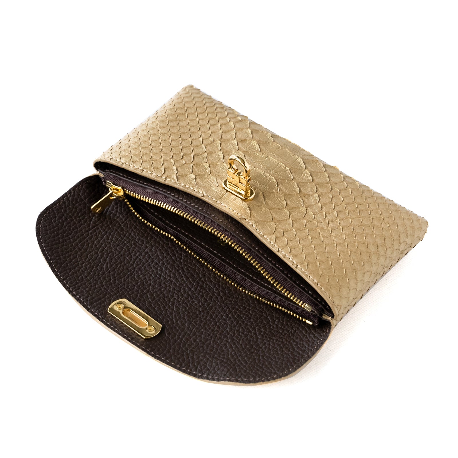 Soft leather flap long wallet / Gold python / Antique gold 