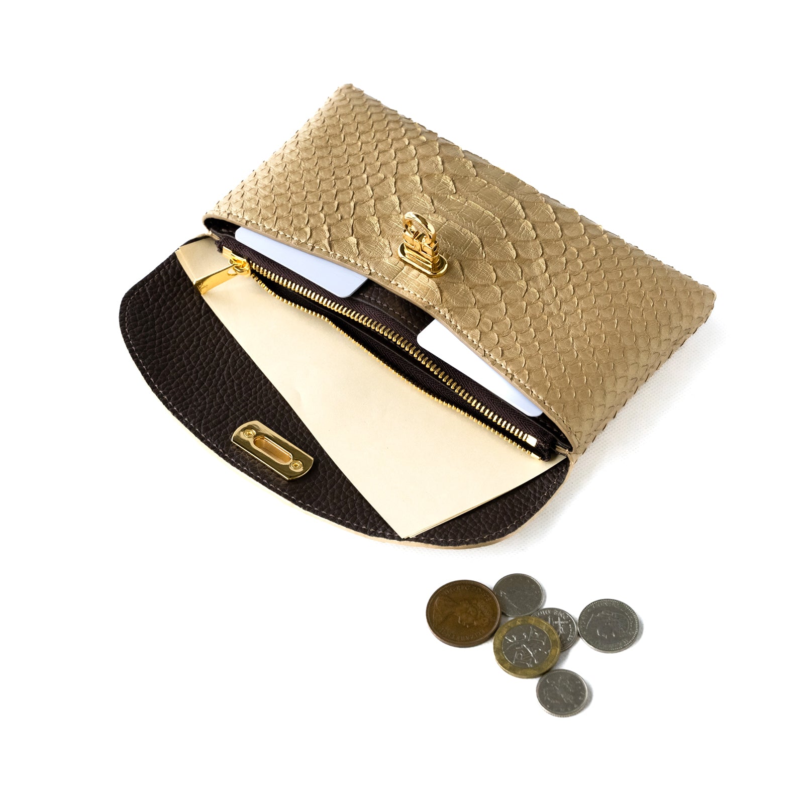 Soft leather flap long wallet / Gold python / Antique gold 