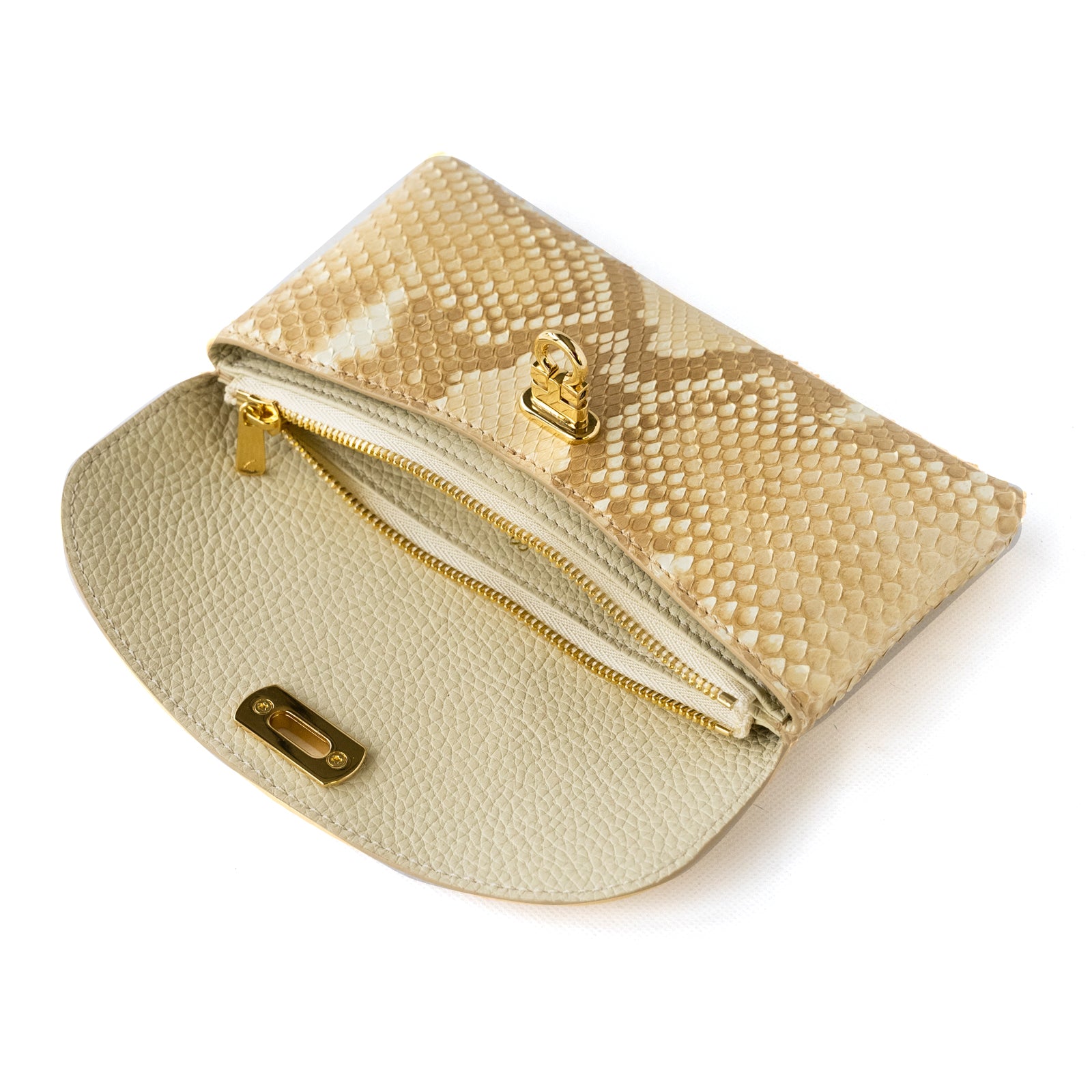 Soft leather flap long wallet / Gold python / Pearl gold