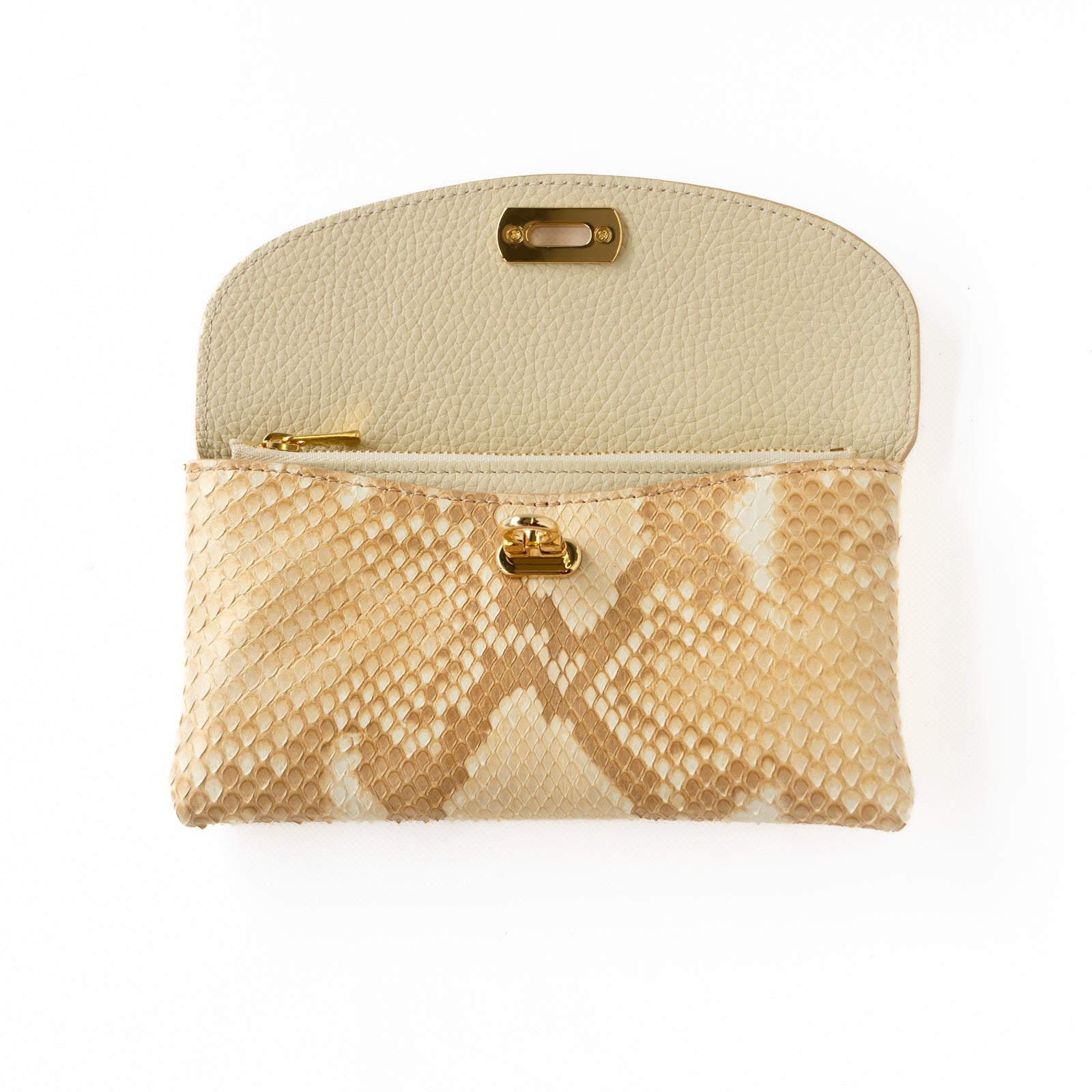 Soft leather flap long wallet / Gold python / Pearl gold