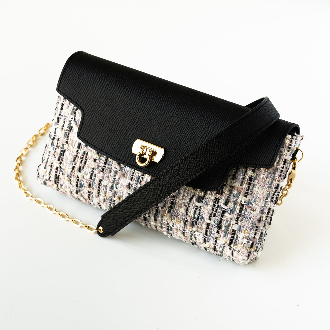 Soft leather flap pochette tweed duo