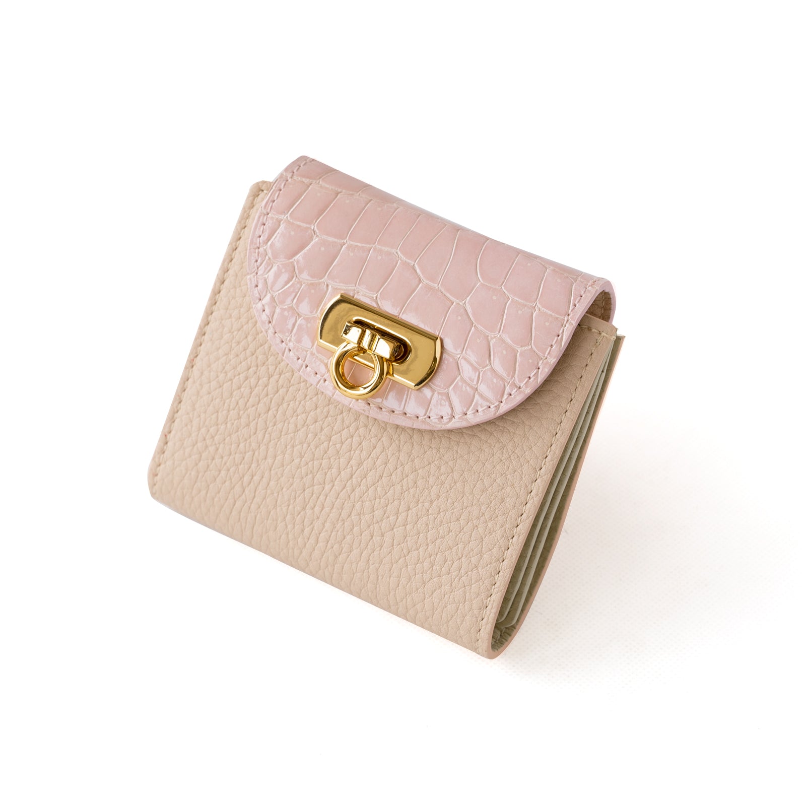 [6th Anniversary Sale] Bi-fold Wallet Eclair Taurillon Clemence Crocodile Combination / Pink Beige