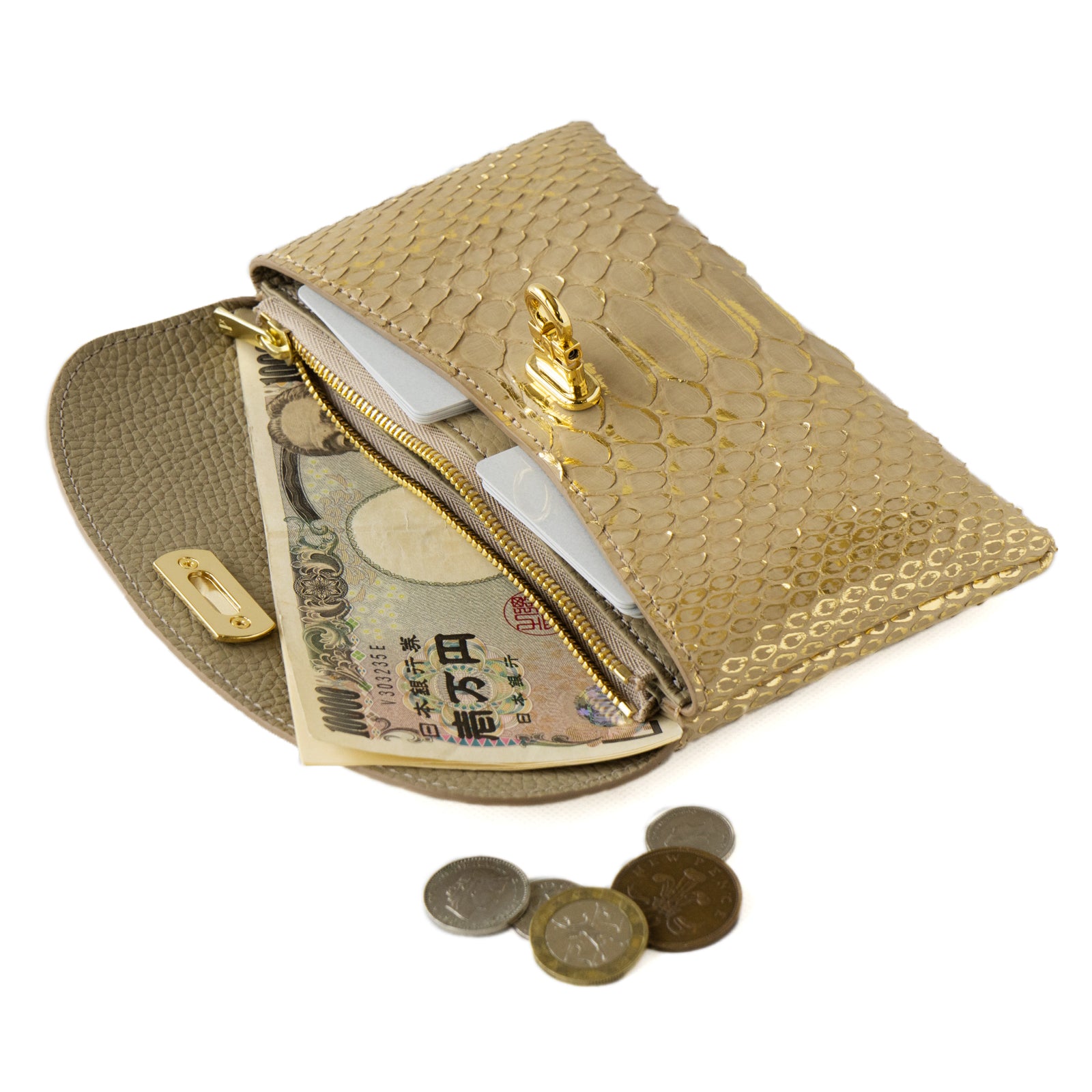 Flap Wallet Fleur Long Foil Python / Gold Beige