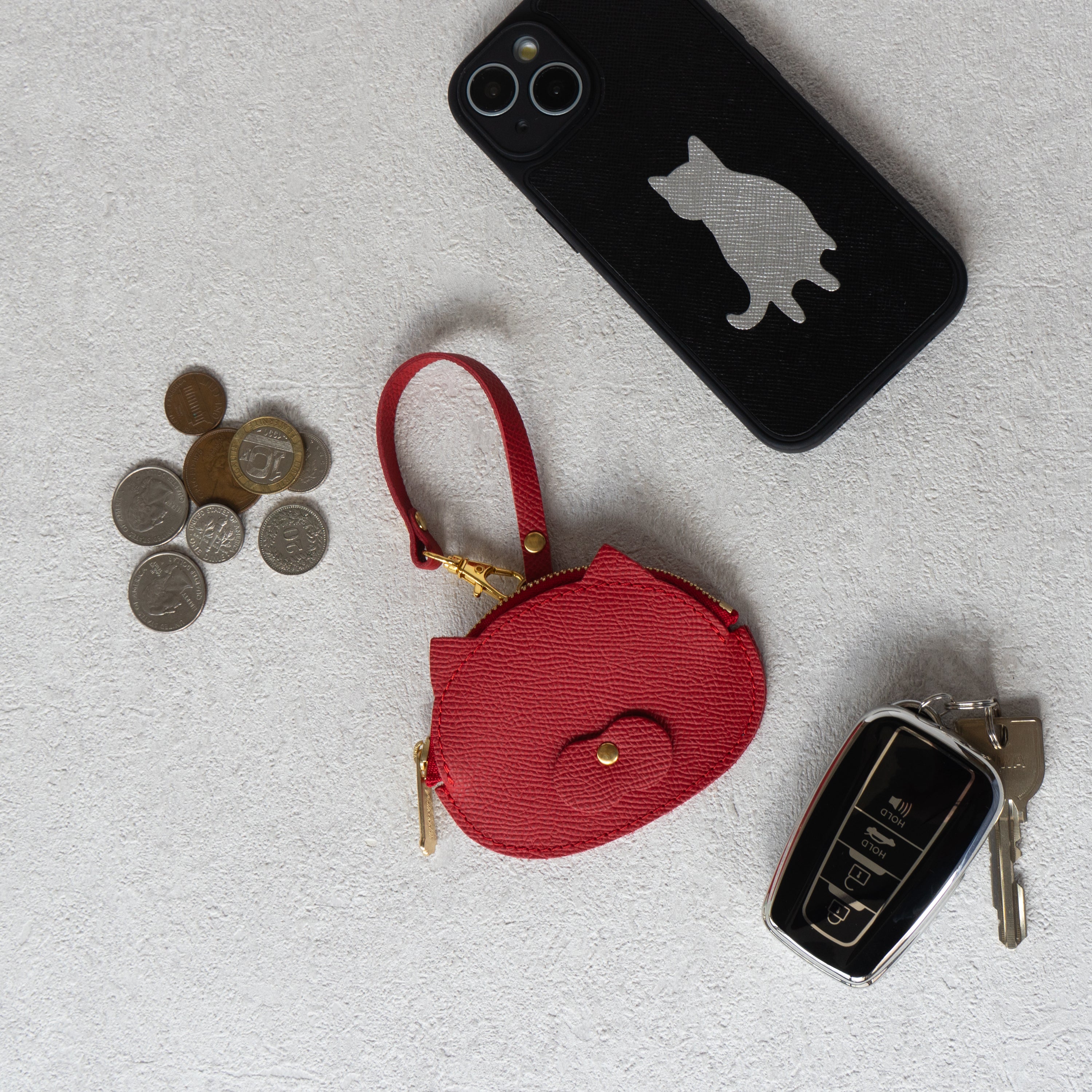 Nyan Face Coin Purse, Veau Epsom / Rouge