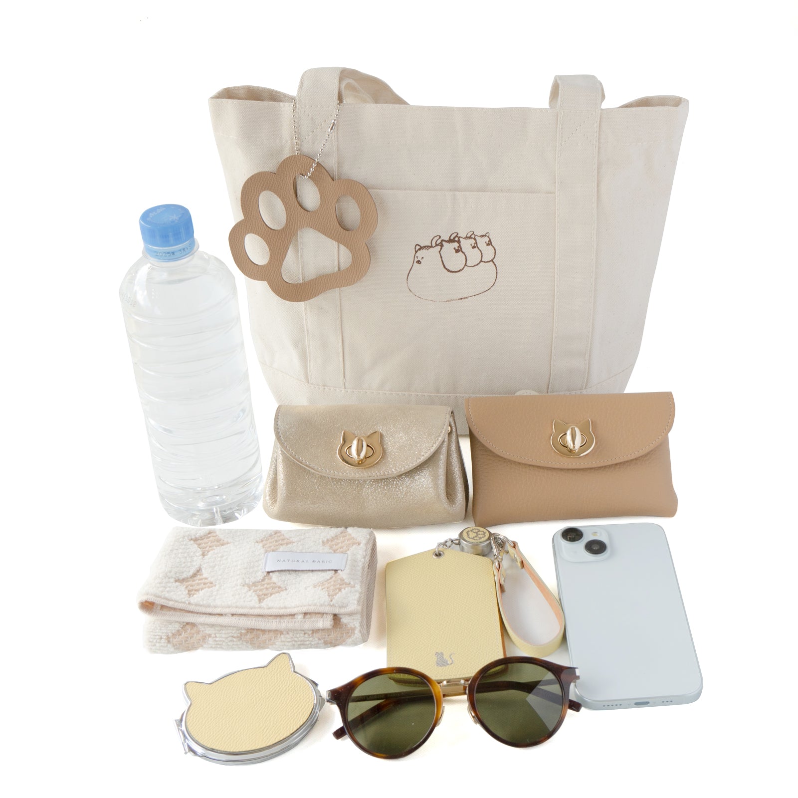 [8/8 (Thu) International Cat Day - One-day only pre-order sale] Cotton cat tote with big paw charm / Natural x Chai