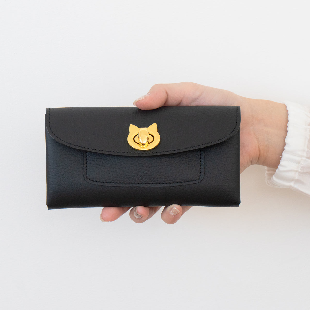 【受注販売：10/9(金)22:00〜13(火)】小さなレザーフラップ長財布・ミャウヴェルロック　キュイール・マッシュ  /  ブラック