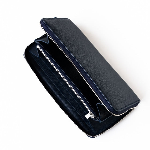 [6th Anniversary Sale] Round Zipper Long Wallet with 12 Card Slots, Epsom Leather/Blue Nuit